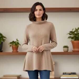 In Cashmere Sweater 100% Cashmere Funnel Neck Tunic Top Blush Tan Womens Medium